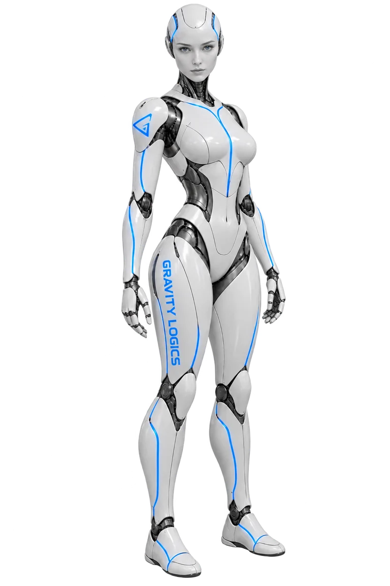 A white humanoid robot with blue light details and the Gravity Logics logo on her arm
