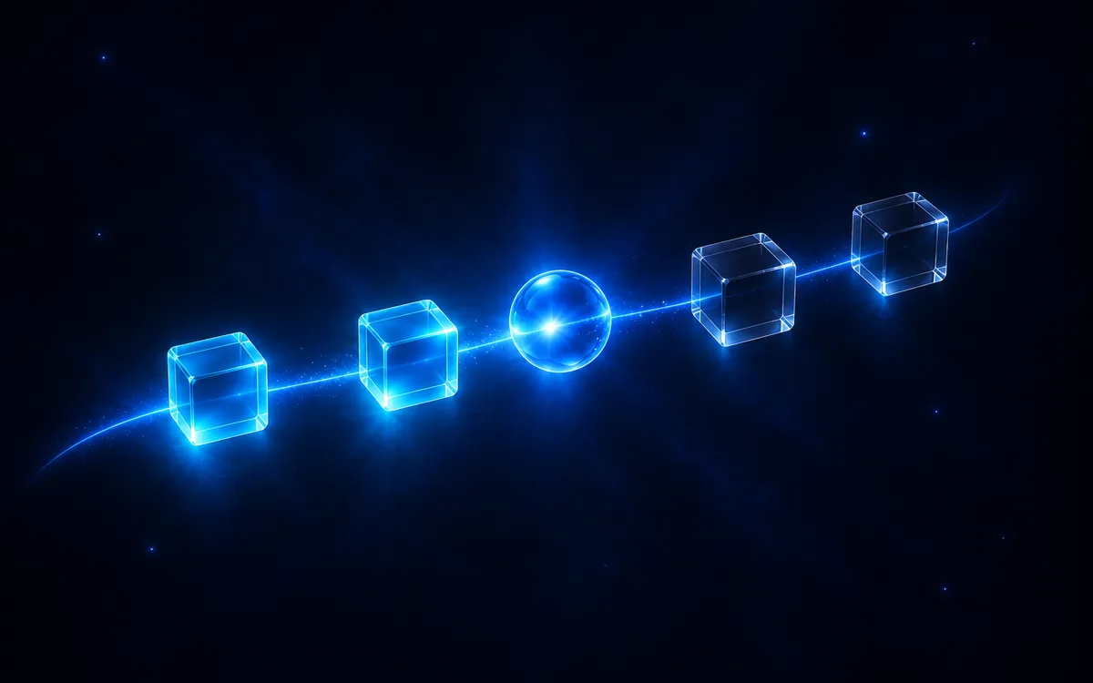 Glass cubes moving along a glowing blue path past a light core