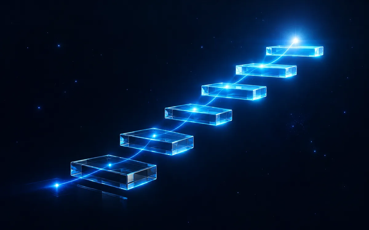 A line of blue light climbing floating glass steps toward a bright point