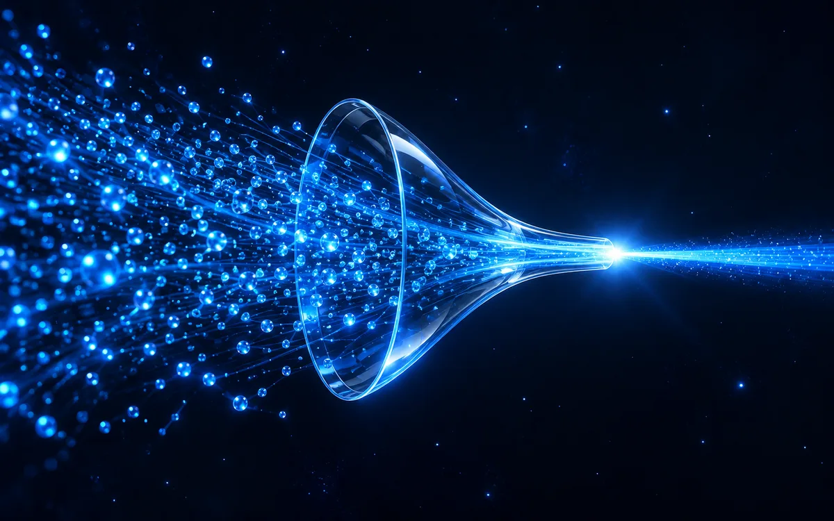 Blue particles flowing through a glass funnel into one bright beam of light