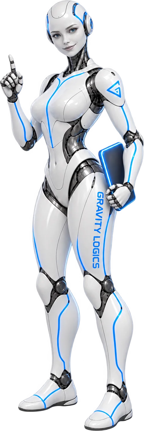 The Gravity Logics robot explaining a point, holding a tablet