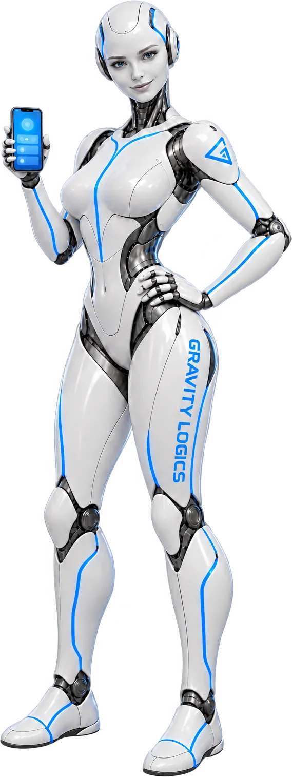 The Gravity Logics robot showing a new app on a phone