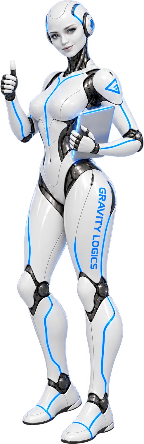 The Gravity Logics robot giving a thumbs-up, holding a tablet