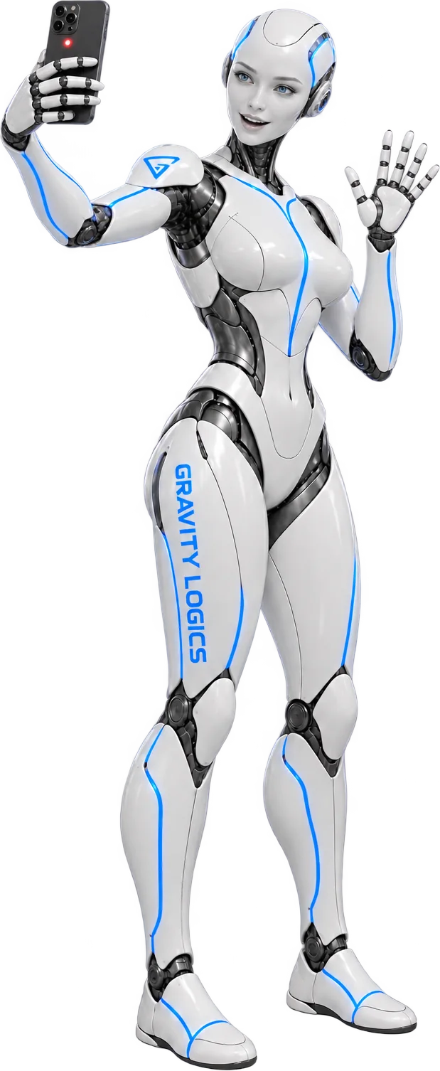The Gravity Logics robot recording a selfie video and waving