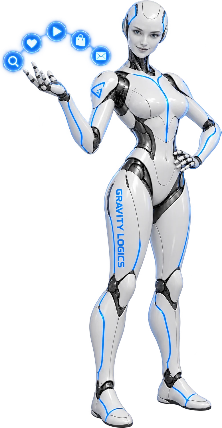 The Gravity Logics robot with glowing channel icons above her hand