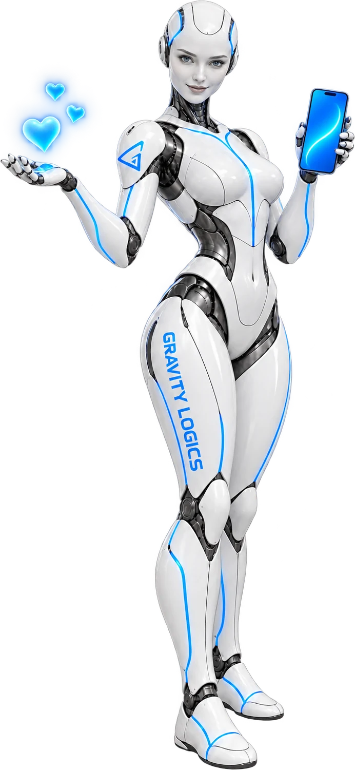 The Gravity Logics robot holding a phone, with glowing hearts above her hand